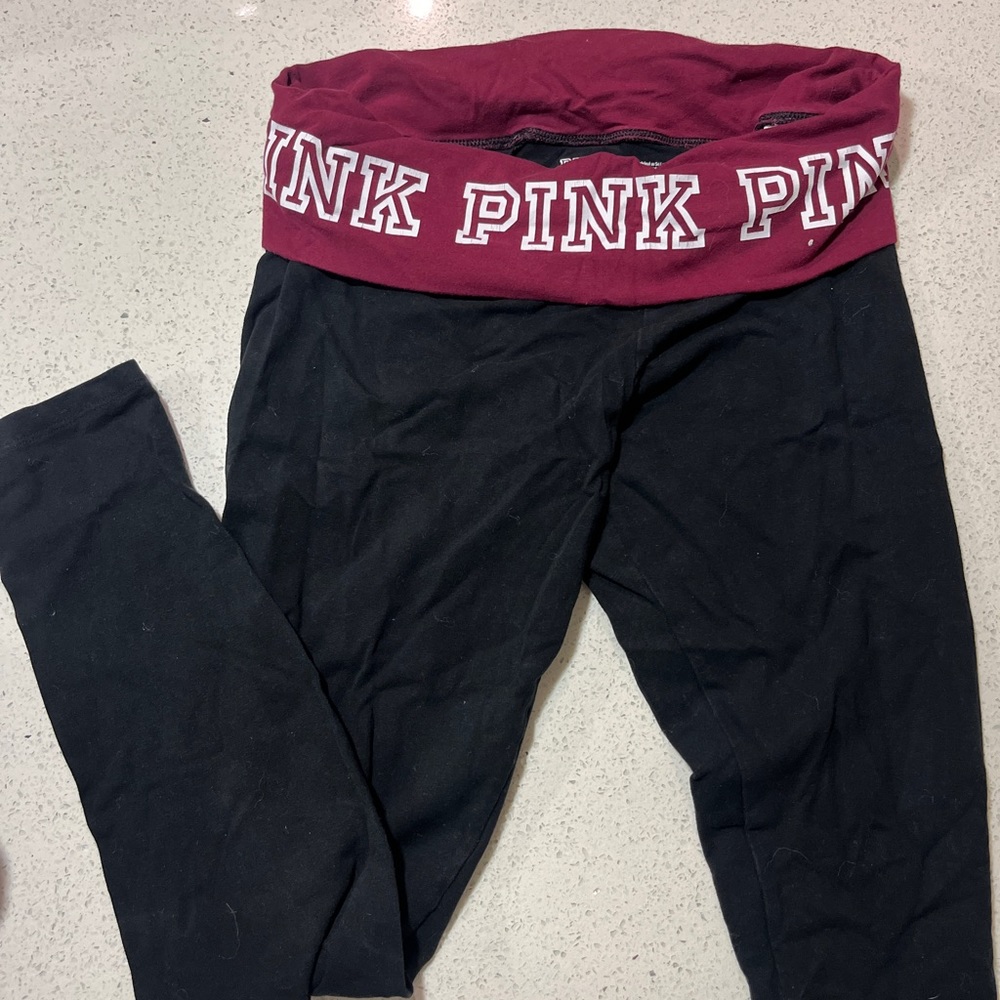 Victoria's Secret Pink Black Leggings with Burgundy Waistband